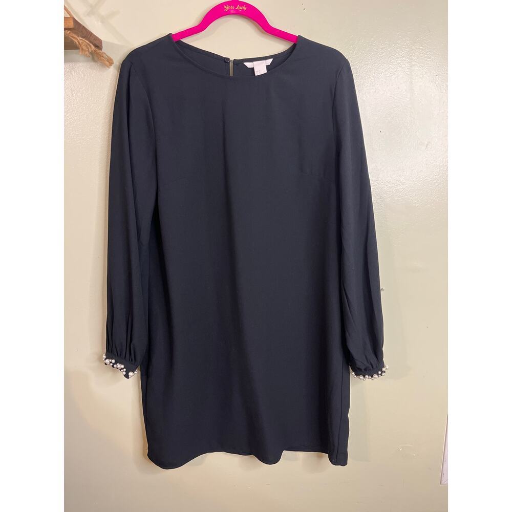 H&M black mini shift dress with pearl-cuffed long sleeve, size 10 - Picture 2 of 14